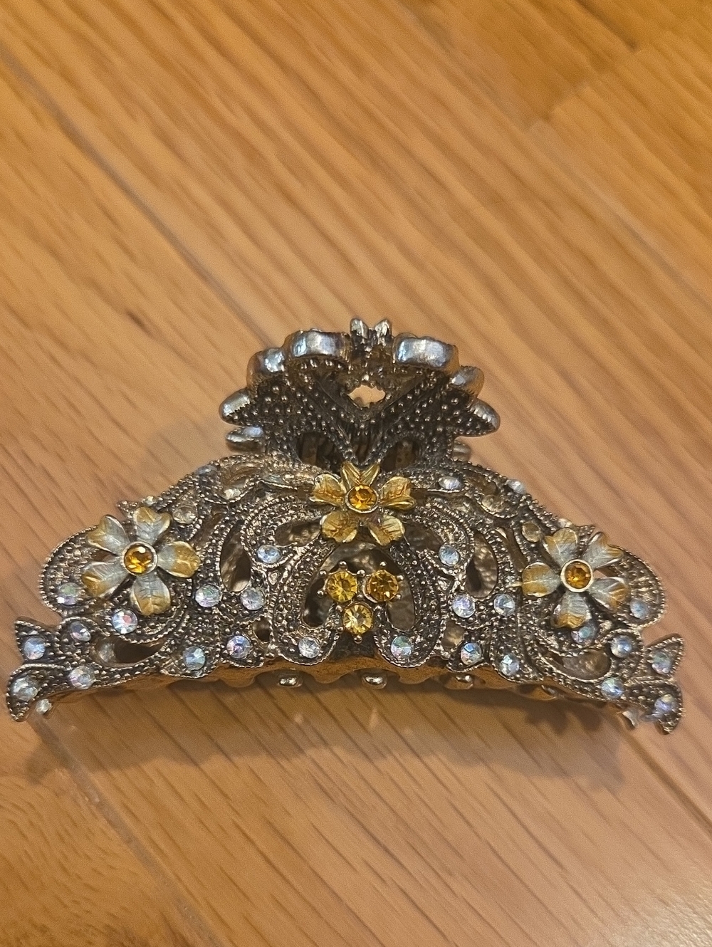 Vintage Ornate Floral Rhinestone Metal Hair Claw Clip Heavy Sturdy  EUC